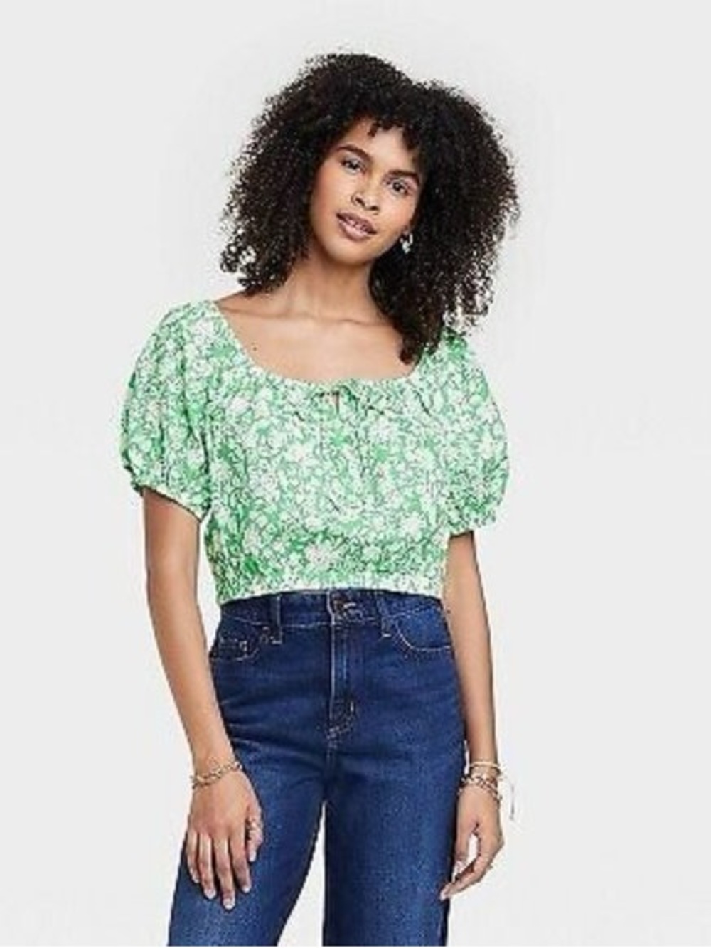 Universal Thread Green Floral Puff-Sleeve Smocked Crop Top